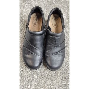 Clarks Womens Channing Ann Clog Size 9.5 Black Leather Loafer Shootie Wedge Shoe